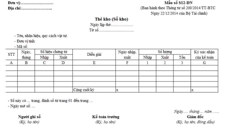 Các mẫu thẻ kho 